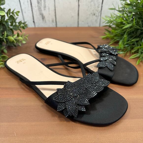 Zara Women's Rhinestone Floral Sandals Black Size 37 US 6.5 - Picture 2 of 8
